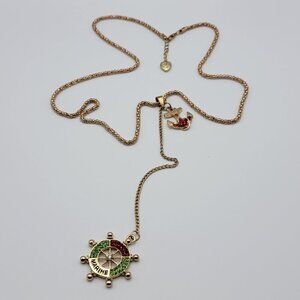 Betsey Johnson Marine Necklace Boat Wheel Anchor Double Pendant Gold Tone 28 In